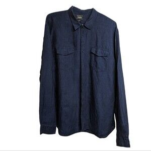 Neiman Marcus Men XL Long Sleeve Collared Button-Down Shirt 100% Linen Navy Blue